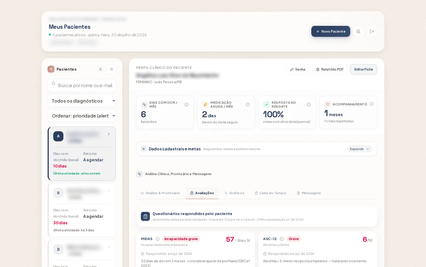 Perfil clínico de paciente no NeuroTrack, com a evolução do período e as escalas respondidas pelo próprio paciente.