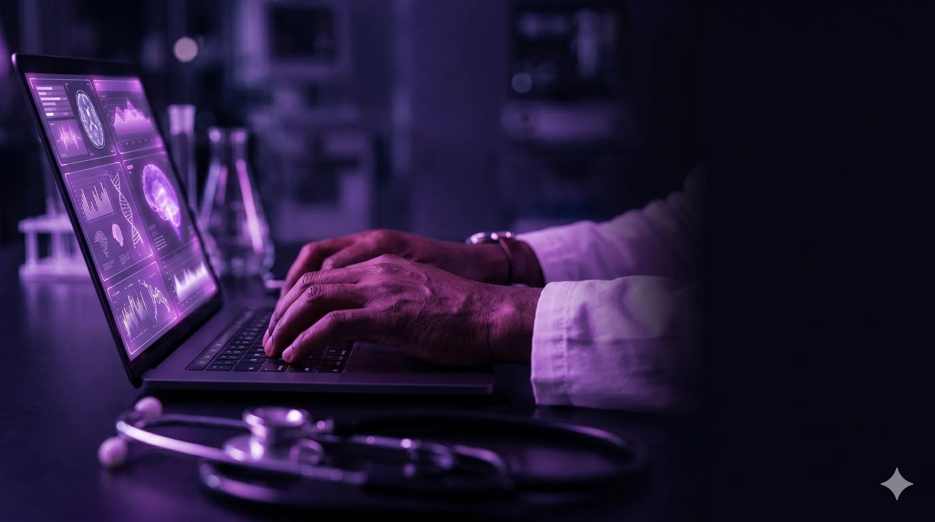 Mãos de um médico digitando em um laptop com uma interface clínica em tons de roxo